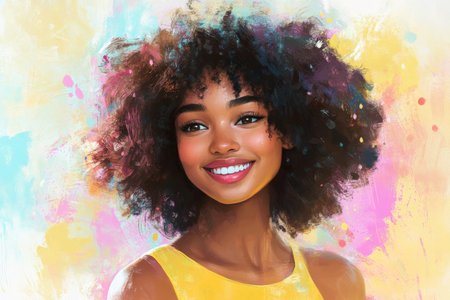 A joyful portrait of a young Black woman with curly hair, wearing a bright yellow top, smiling warmly at the camera. The background features soft pastel colors that enhance her vibrant personality, making it perfect for a social media avatar.の素材