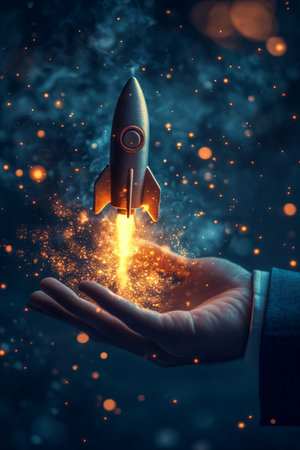 A hand in a business suit holds a rocket ship icon emerging from a cloud of glowing particles. The rocket represents innovation and progress in business, contrasted against a dark, futuristic background.の素材