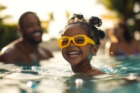A happy little Brazilian girl with bright yellow goggles swims happily in the pool, her laughter filling the air as she turns to her parents poolside. The sun reflects off the water, enhancing the vibrant energy of the moment shared by the family.の素材