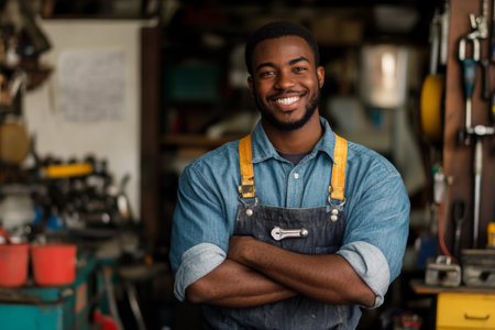 A handsome young African American technician stands with a wrench, beaming with pride. The backdrop of a busy workshop enhances his professional image, reflecting his passion for mechanics and customer service.の素材