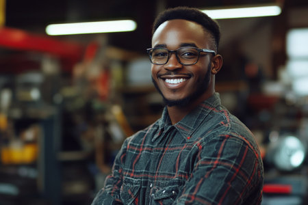 A handsome young African American technician stands with a wrench, beaming with pride. The backdrop of a busy workshop enhances his professional image, reflecting his passion for mechanics and customer service.の素材