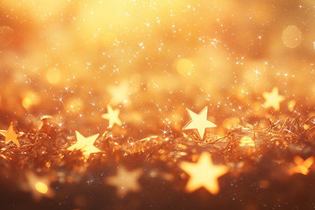 A field of glowing star-shaped lights on a golden backdrop, surrounded by a bokeh effect that scatters small circles of light. The scene is warm, magical, and serene, with twinkling stars bringing light to the soft, blurred background.の素材