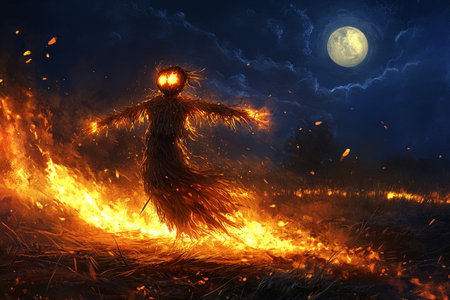 A fiery scarecrow dances in the night, surrounded by swirling embers and bright flames. The full moon shines down, illuminating the countryside, as shadows play across the fields, adding to the enchanting spectacle.の素材