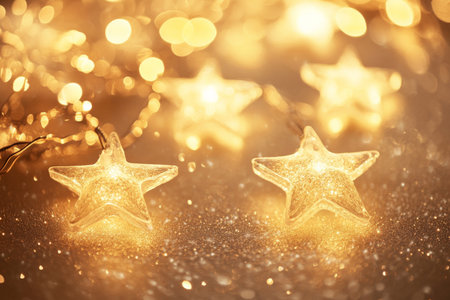A dreamy scene with glowing star-shaped lights on a golden background, softly illuminated by a bokeh effect. The blurred orbs of light surround the stars, creating a whimsical and serene holiday atmosphere.の素材