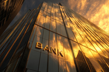 A futuristic skyscraper looms majestically, its sleek mirror glass catching the golden hues of sunset. The word "BANK" gleams in polished metal, integrated seamlessly into the structure, symbolizing modern banking amidst a backdrop of urban innovation.の素材