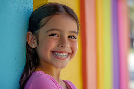 A close-up shot of a joyful Hispanic girl, around 10 years old, smiling brightly with braces. Her laughter lights up the frame as she leans against a colorful wall, showing her personality and the excitement of her orthodontic journey.の素材