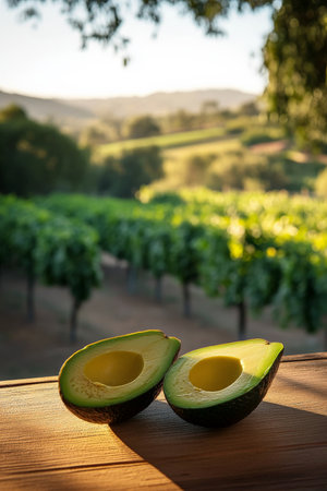 A cut avocado, elegantly arranged with its half revealing the bright green interior, is positioned on a wooden surface. Behind it, a picturesque farm setting with trees and rolling hills provides a serene backdrop, emphasizing the freshness and organic nature of the product.の素材