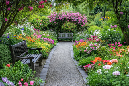 A picturesque garden retreat showcases an array of blooming flowers in vibrant colors, surrounded by neatly trimmed hedges. A charming stone pathway winds its way through the garden, leading to a rustic wooden bench nestled under a canopy of flowering trees, inviting relaxation and serenity.の素材