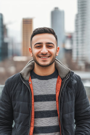 A smiling Middle-Eastern man with short hair and a stylish jacket poses in front of a modern cityscape. His confident expression and the vibrant city background make this portrait perfect for a professional yet approachable social media avatar.の素材