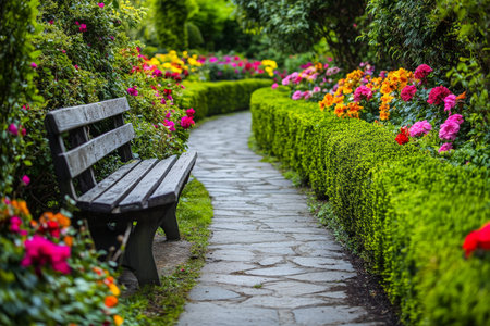 A delightful garden retreat unfolds with blooming flowers in a riot of colors, framed by perfectly manicured hedges. A charming stone pathway curves through the greenery, leading to a rustic wooden bench, offering a perfect spot to relax and soak in the beauty of nature all around.の素材