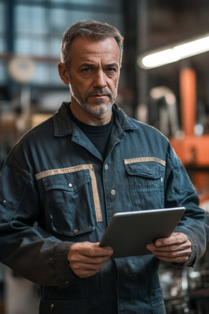A middle-aged Caucasian technician dressed in a work uniform is holding a tablet while standing in a modern workshop. His focused expression suggests heÃ¢â¬â¢s reviewing important data, showing his commitment to delivering quality service and expertise.の素材
