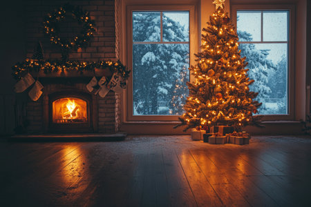 A cozy living room with a large decorated Christmas tree near a glowing fireplace. The room is illuminated by warm holiday lights, soft shadows cast on the wooden floor, and festive garlands hanging from the walls. Snow falls gently outside the window.の素材
