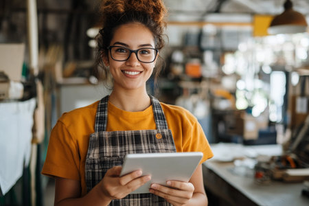 A young Hispanic tradeswoman in a uniform holds a tablet and gestures animatedly, explaining a project plan. Her vibrant personality and enthusiasm make her an inspiring figure in her field, surrounded by the tools of her trade.の素材