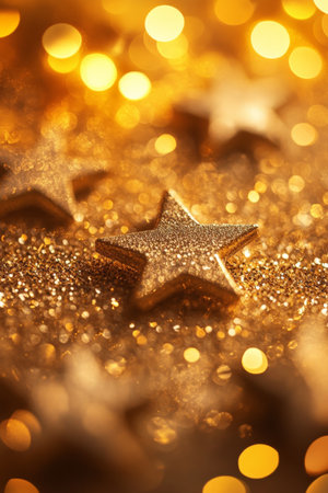 A golden, glowing backdrop filled with star-shaped lights and enhanced by a gentle bokeh effect. The stars shimmer softly, casting light across the background, where soft circles of light float and add depth to the scene.の素材