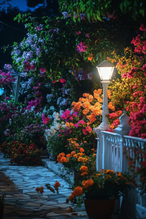Under a starlit sky, a beautifully arranged flower bed on a terrace showcases colorful blooms and fragrant shrubs. A white ground lamp casts a warm light, accentuating the delicate petals, while a low white fence provides a charming boundary, enhancing the peaceful ambiance.の素材