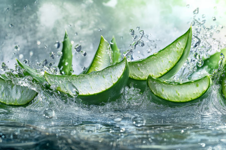 A stunning visual captures aloe vera pieces soaring through the air, surrounded by sparkling water droplets in dynamic motion. The vibrant green of the aloe contrasts beautifully with the clear, refreshing water, creating a lively and invigorating scene that showcases the essence of hydration.の素材