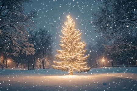 A towering Christmas tree illuminated with bright white lights shines in the middle of a snow-covered park at night. The twinkling lights cast a soft glow on the surrounding snow, creating a warm, festive holiday mood.の素材