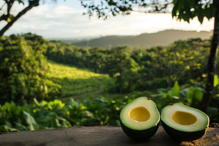 This product photography features a cut avocado with its creamy interior exposed, set against a vibrant backdrop of a tree-filled farm. The natural light enhances the colors, creating a fresh and inviting scene that emphasizes the organic quality of the avocado.の素材