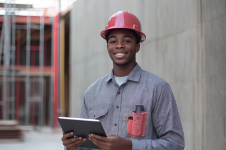 A young African American tradesman in a crisp uniform stands confidently, holding a tablet in one hand. His friendly smile and approachable demeanor convey professionalism as he discusses project details on a job site bustling with activity.の素材