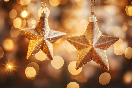 Warm, glowing star-shaped lights stand out against a rich golden background. The bokeh effect highlights a soft blur of sparkling light, with circles of varying sizes creating a cozy and festive mood.の素材