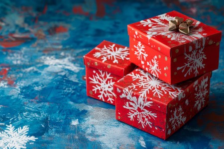 Red gift boxes with delicate snowflakes are displayed on a cool cobalt blue background, creating a striking and vibrant holiday look with rich, deep colors.の素材