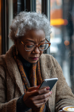 Senior Black woman sitting by the window in a quiet coffee shop, reading glasses on, focused on her smartphone while making a cryptocurrency transaction, with a latte by her side.の素材