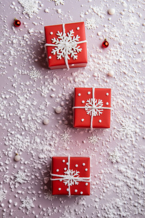 Red gift boxes with white snowflakes sit against a pale lilac background, creating a soft and elegant holiday scene with calming, pastel tones.の素材