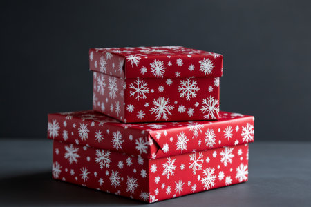 Red gift boxes with snowflakes are displayed on a deep charcoal gray background, giving the scene a modern, sophisticated holiday feel with a bold, contrasting backdrop.の素材