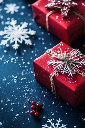 Red gift boxes with snowflakes shine brightly against a navy blue background. The deep blue highlights the festive decorations, adding depth and a wintery feel to the scene.の素材