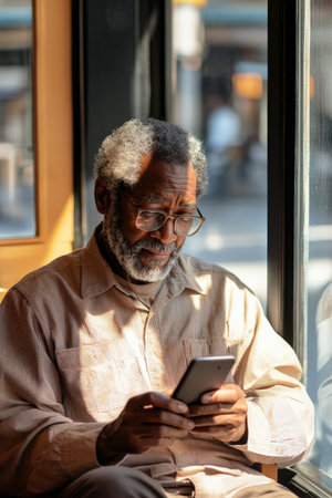 Senior Black man seated by a window, holding his smartphone to complete a cryptocurrency transaction, with the sunlight casting soft shadows on the cafÃÂ© interior.の素材