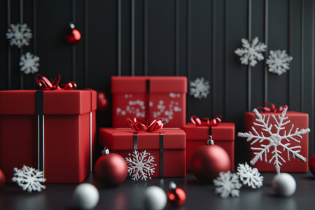 Red gift boxes with snowflakes are displayed on a deep charcoal gray background, giving the scene a modern, sophisticated holiday feel with a bold, contrasting backdrop.の素材