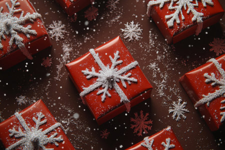 Red gift boxes adorned with snowflakes stand out against a rich chocolate brown background. The deep tones create a cozy, warm holiday atmosphere perfect for winter celebrations.の素材
