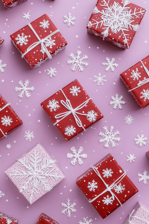 Red gift boxes with white snowflakes sit against a pale lilac background, creating a soft and elegant holiday scene with calming, pastel tones.の素材