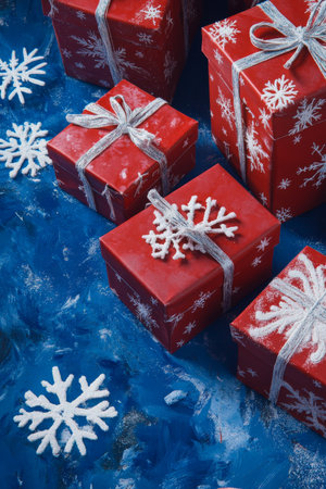Red gift boxes with snowflake patterns pop against a bold royal blue background, creating a vibrant and energetic holiday scene with a striking contrast.の素材
