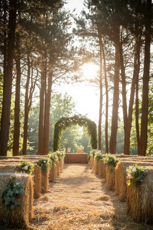 Rustic wedding scene with rows of hay bales as seating, a wooden altar wrapped in lush greenery, with soft, golden sunlight filtering through tall trees, creating an intimate countryside ambiance.の素材
