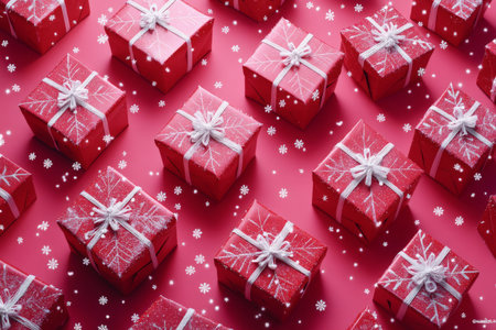 Red gift boxes with white snowflakes are displayed on a fuchsia background, creating a bold and vibrant holiday look. The bright pink tones add energy and excitement to the scene.の素材