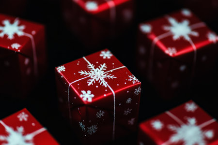 Red gift boxes adorned with white snowflakes pop against a black background. The dark setting emphasizes the bright festive boxes, making them appear even more vibrant and celebratory.の素材