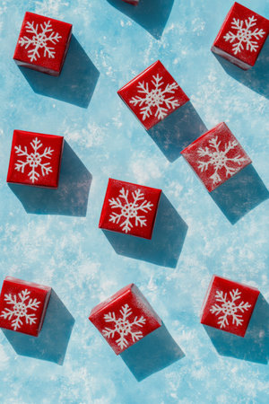 Red gift boxes with snowflakes are displayed on a sky blue background. The cool tones of the backdrop enhance the wintery feel, making the festive decorations stand out.の素材