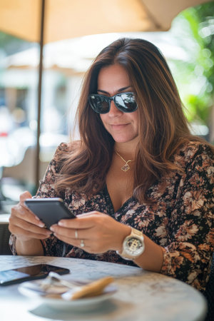 Middle-aged Hispanic woman seated outdoors at a trendy cafÃ©, casually completing a cryptocurrency payment on her smartphone, while enjoying her coffee under a sun umbrella.の素材