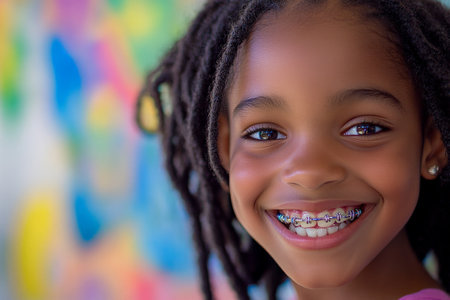A close-up of a young African American girl grinning widely showcases her orthodontic braces. Her infectious smile and playful expression reflect her excitement about her journey to a healthier smile, surrounded by a cheerful, colorful background.の素材