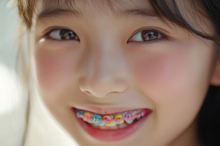 A close-up of a young Japanese girl, around 11 years old, flashes a big smile featuring her colorful braces. Her cheerful expression and soft background enhance the excitement of her journey toward a beautiful smile, making her feel empowered.の素材
