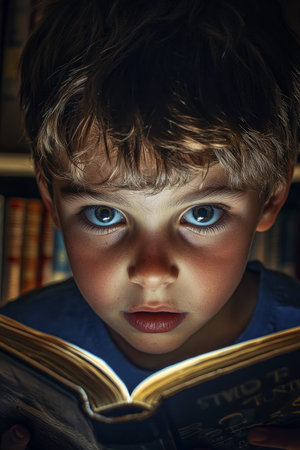 A close-up of a boy's face illuminated by soft library light as he reads intently. His big, expressive eyes reflect wonder and curiosity, surrounded by towering bookshelves filled with volumes, emphasizing the joy of learning.の素材