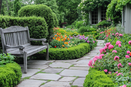 A charming garden retreat features a vibrant display of blooming flowers and artfully trimmed hedges, creating a peaceful haven. A beautifully designed stone pathway guides visitors toward a cozy wooden bench, where one can sit and enjoy the tranquil atmosphere surrounded by nature.の素材