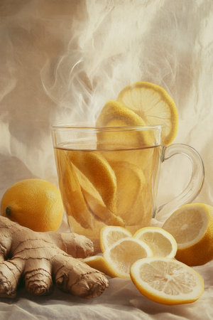 A clear glass filled with steaming lemon ginger tea sits on a soft, light background. Surrounding the cup are slices of fresh ginger and lemon, adding a pop of color and freshness, creating an appealing visual that invites you to enjoy this aromatic beverage.の素材