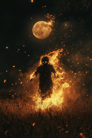 A chilling yet captivating scene of a scarecrow engulfed in flames under the full moon. The surrounding fields are shrouded in darkness, with the moonlight reflecting off the flames, creating a surreal and mesmerizing display.の素材