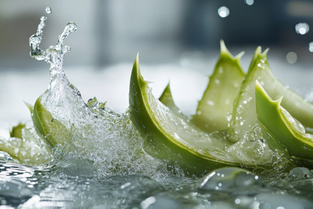 A captivating image showcases aloe vera segments amidst a dramatic water splash, with droplets frozen in mid-air. The interplay of light and water creates an energetic scene, emphasizing the refreshing qualities of aloe while celebrating its natural beauty.の素材