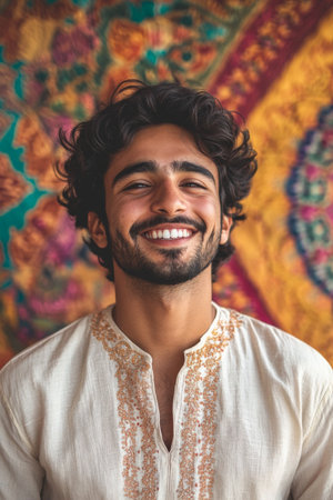 A cheerful portrait of a South Asian man with a friendly grin, wearing a traditional kurta. He poses against a colorful cultural backdrop, showcasing pride and joy, perfect for a vibrant social media avatar.の素材