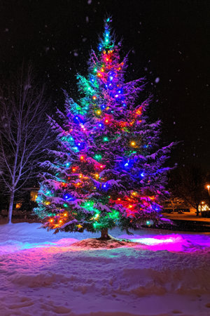 A brightly illuminated Christmas tree outdoors, set against a dark, snowy night sky. The multicolored lights twinkle beautifully in the cold air, casting a warm glow over the snow-covered ground beneath it.の素材