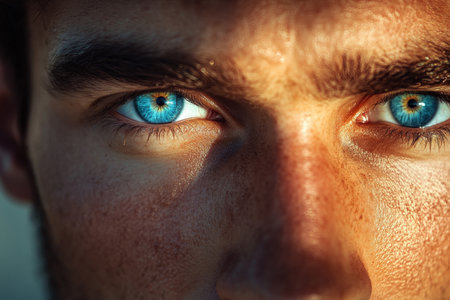A close-up portrait of a man with light blue eyes that shimmer with surprise. His expression is full of life and energy, and the warm lighting enhances the beauty of his features, making for an engaging shot.の素材