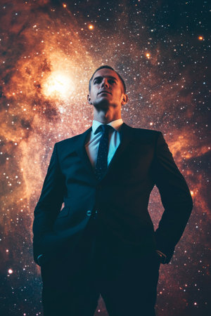 A charismatic male executive stands in a power pose against a backdrop of a cosmic night sky, filled with brilliant stars and glowing nebulae. The contrast of his sharp suit against the infinite universe symbolizes ambition and wealth.の素材